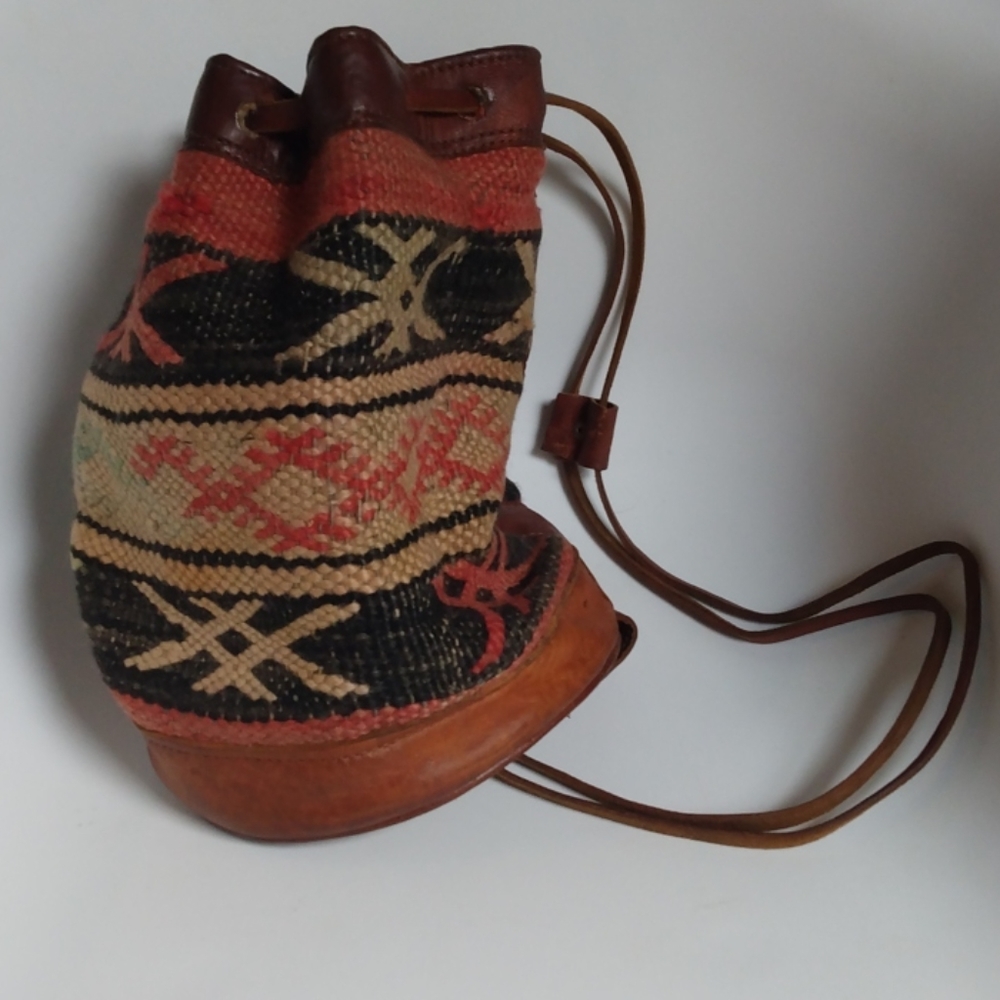 60s boho vintage leather woven backpack